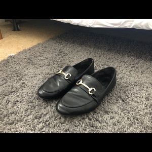 Black faux leather loafers